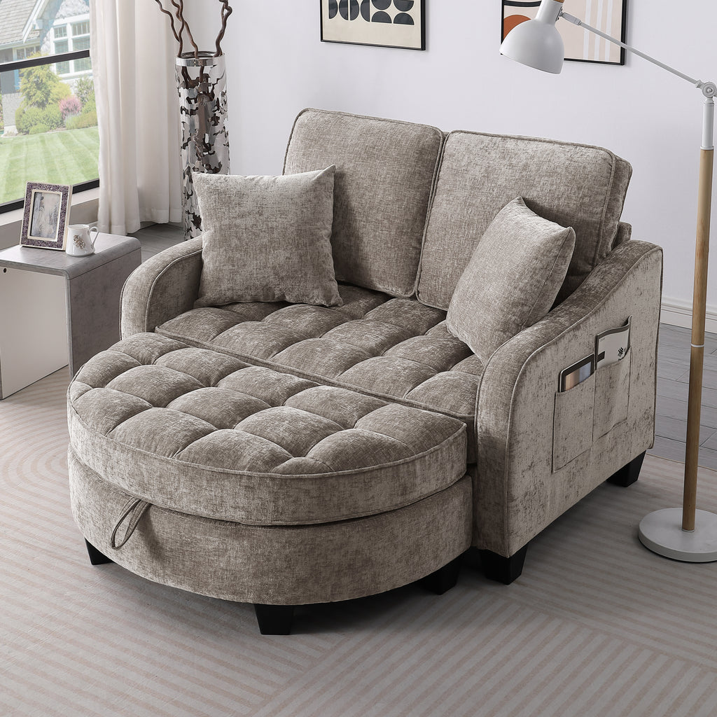 Two-seater sofa, double sofa chaise longue, with irregular armrests and backrests, footrest with storage space, comes with two small throw pillows, suitable for living room and bedroom - Brown - Grand Goldman Shop
