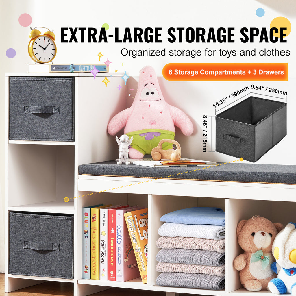 Kids Reading Nook Bench, Toddler Bookshelf and Bookcase with Detachable Seat Cushion, 6-Cubby Storage Organizer Bench with 3 