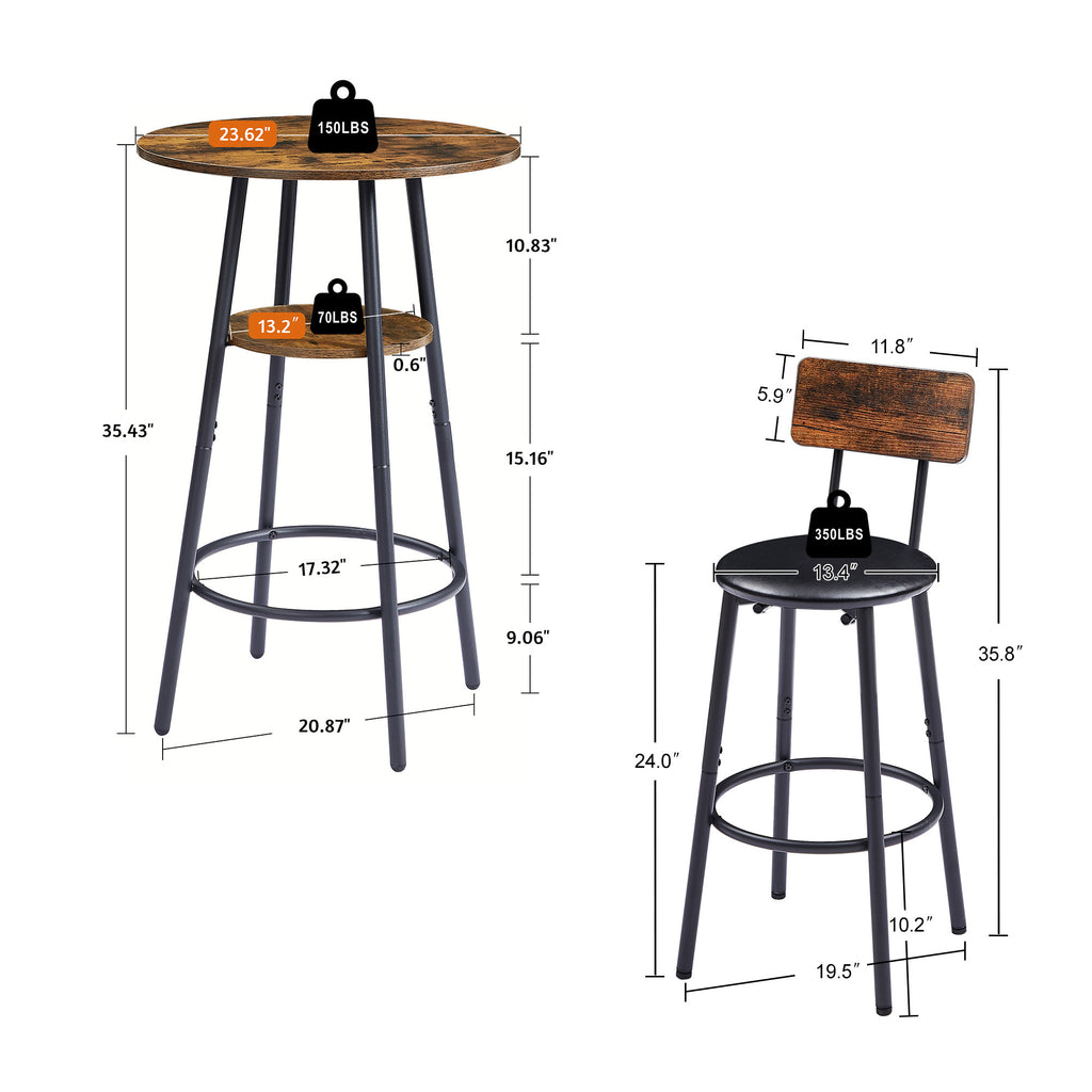 Round bar stool set with shelf, upholstered stool with backrest, Rustic Brown, 23.62'' W x 23.62'' D x 35.43'' H - Grand Goldman Shop