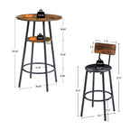 Round bar stool set with shelf, upholstered stool with backrest, Rustic Brown, 23.62'' W x 23.62'' D x 35.43'' H - Grand Goldman Shop