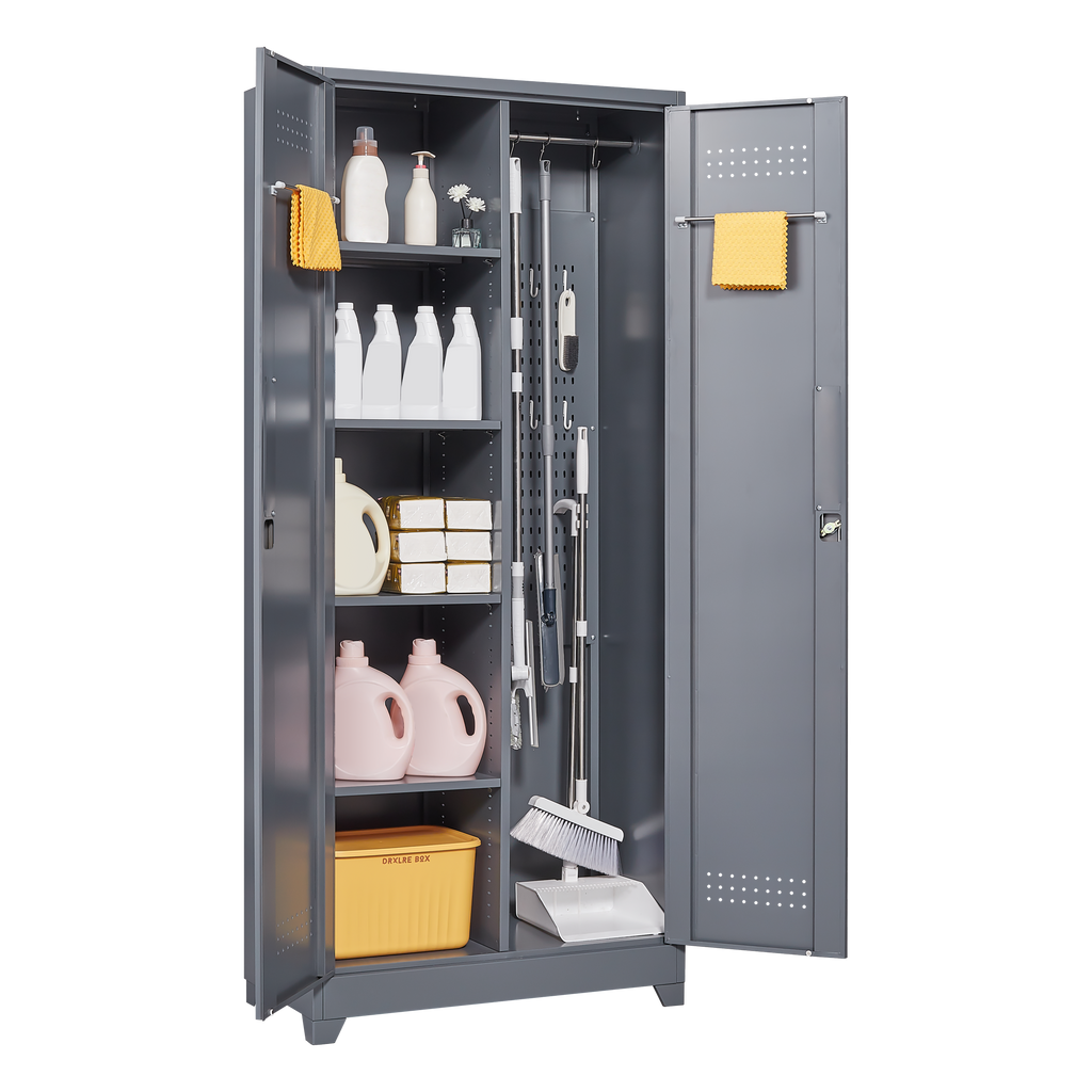Gray And White Color Metal Lockers, Cleaning Tool Cabinets With Locking Doors, High Broom Tool Storage Cabinets, Adjustable S