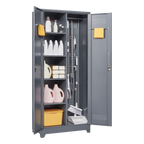Gray And White Color Metal Lockers, Cleaning Tool Cabinets With Locking Doors, High Broom Tool Storage Cabinets, Adjustable S