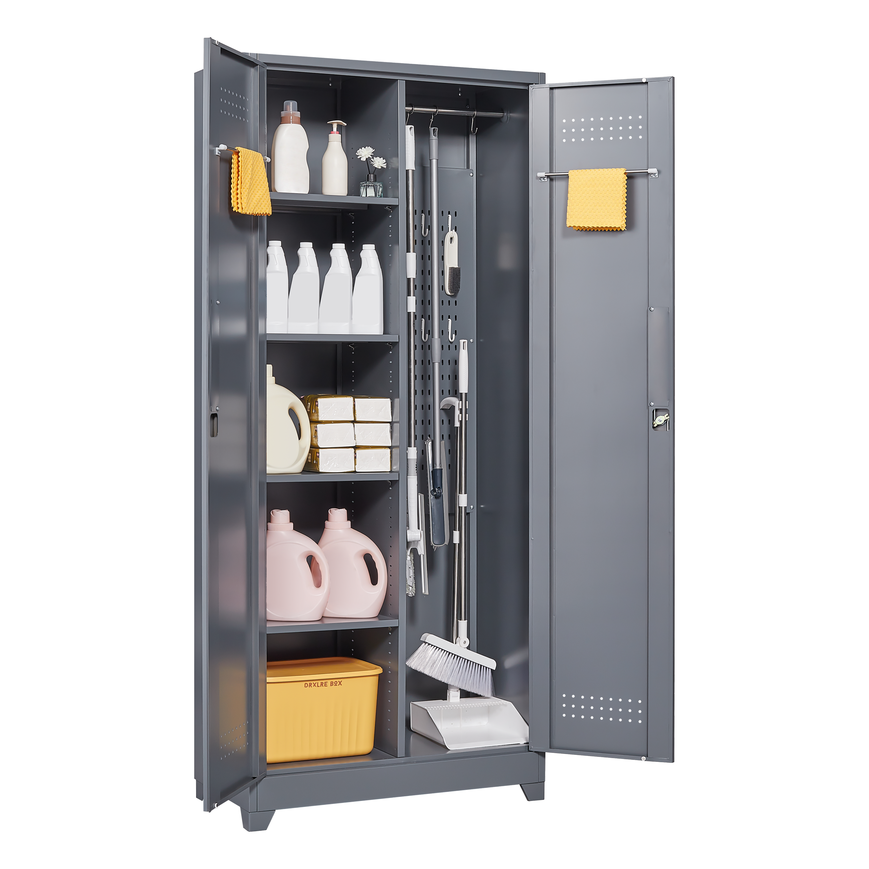Gray And White Color Metal Lockers, Cleaning Tool Cabinets With Locking Doors, High Broom Tool Storage Cabinets, Adjustable S
