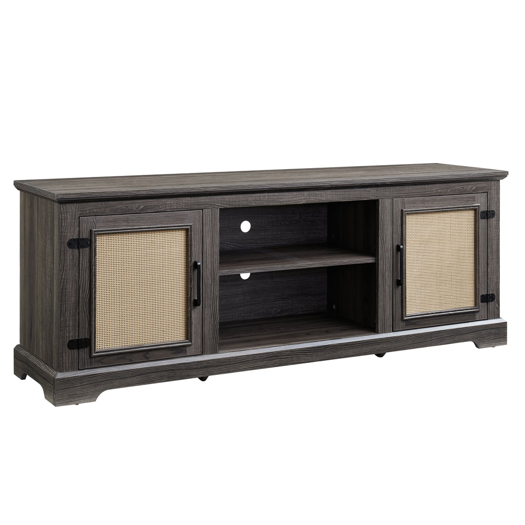 Farmhouse Rattan TV Stand Console Table for TVs up to 70 Inches, TV Console Table with 2 Storage Shelves, 2 Natural Rattan Door Cabinets, 65'W*15.55'D*23.86'H, Gray - Grand Goldman Shop