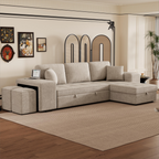 Modern L-Shape 3 Seat Reversible Sectional Couch with Pull Out Sleeper, Storage Chaise & 2 Stools, Cream, Linen Chenille - Grand Goldman Shop