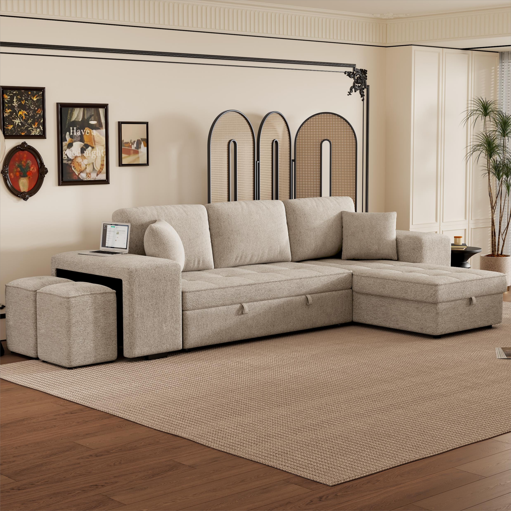 Modern L-Shape 3 Seat Reversible Sectional Couch with Pull Out Sleeper, Storage Chaise & 2 Stools, Cream, Linen Chenille - Grand Goldman Shop