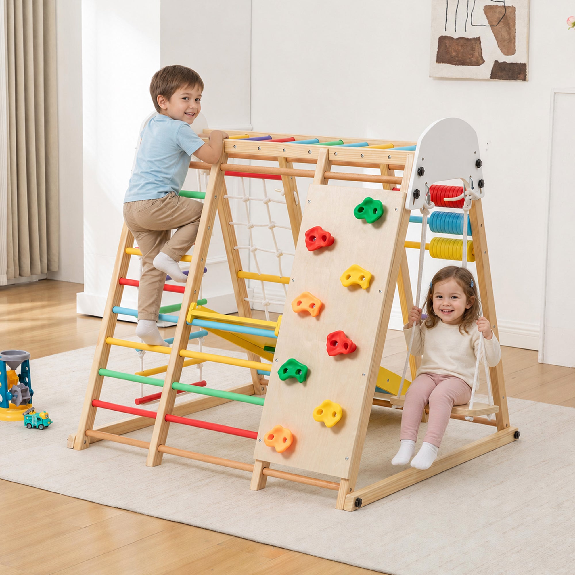9-in-1 Foldable Kids Climbing Frame & Slide, Wooden Toddler Playground with Swing, Monkey Bars, Climbing Rock, Abacus Game – 