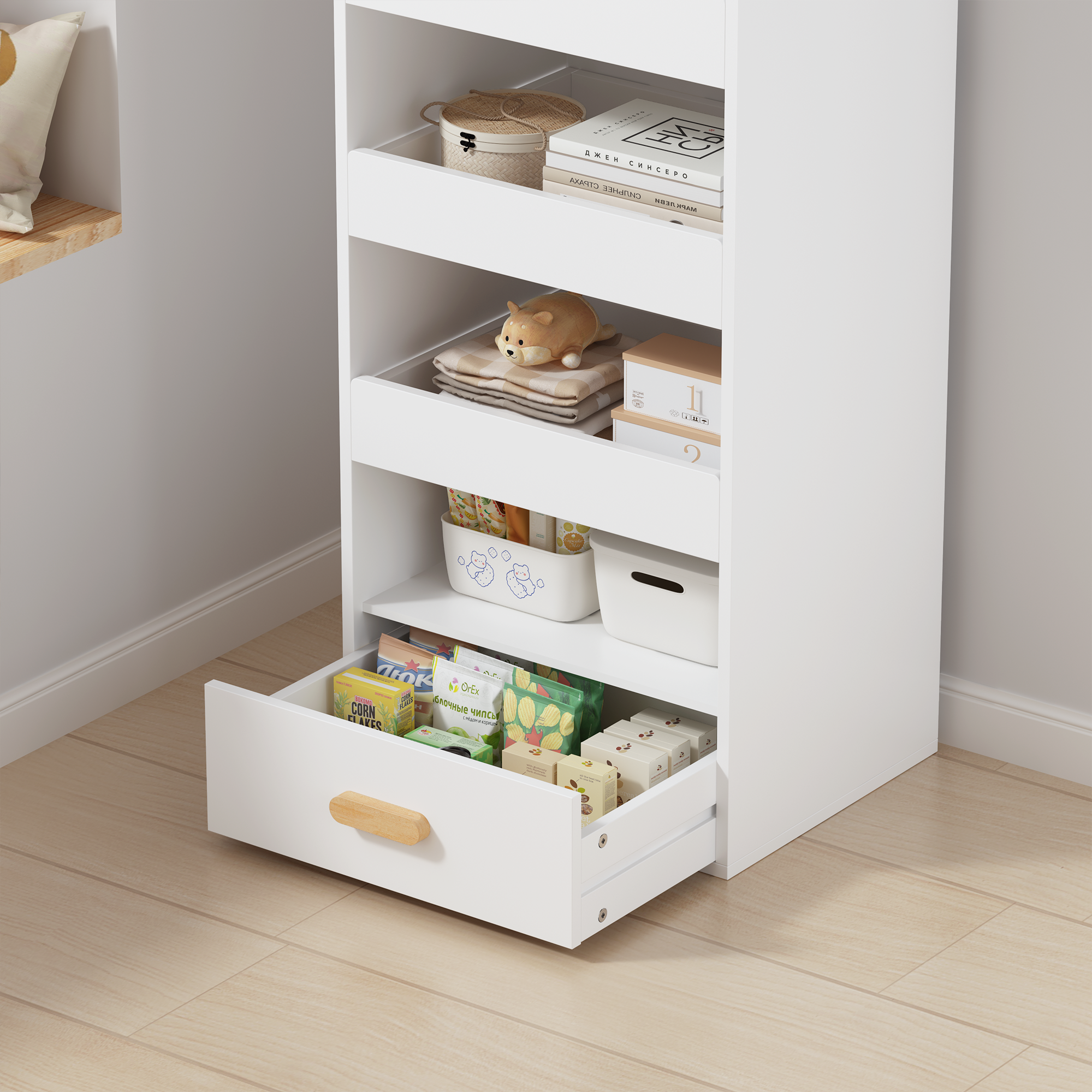 Stylish 4-Tier Freestanding Bookshelf with 3 Sliding Drawers and 1 Bottom Drawer in White, Engineered Wood - Available at Gra