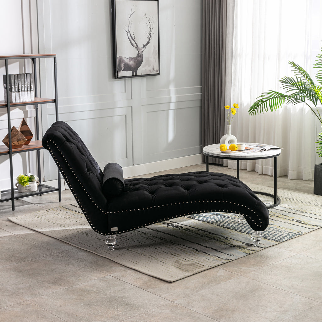 Velvet Chaise Lounge Indoor, Button-Tufted Upholstered Chair with Pillow, Black Velvet, 63.38x28.94x34.05 inches - Grand Goldman Shop