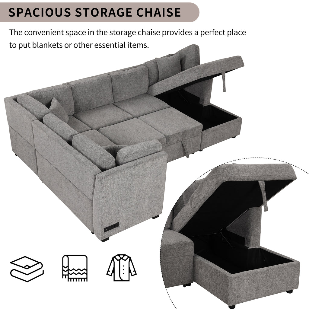 U-shaped Sectional Sofa Pull out Sofa Bed with USB Ports, Power Sockets, Storage Chaise, Light Gray Chenille, 108.6' - Grand Goldman Shop