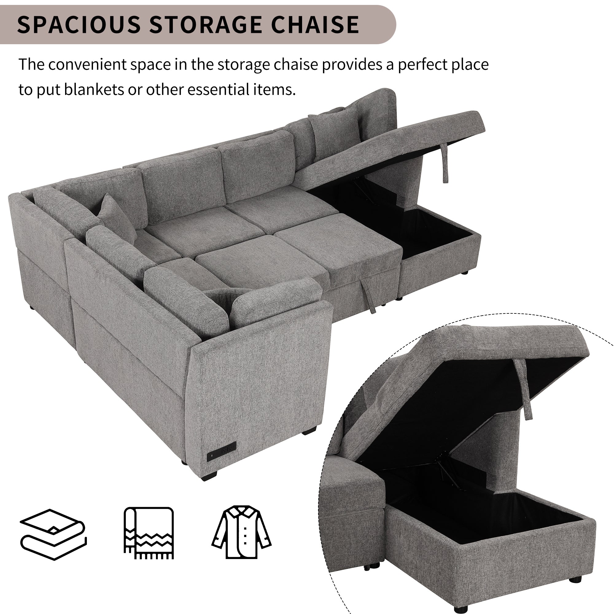 U-shaped Sectional Sofa Pull out Sofa Bed with USB Ports, Power Sockets, Storage Chaise, Light Gray Chenille, 108.6' - Grand Goldman Shop