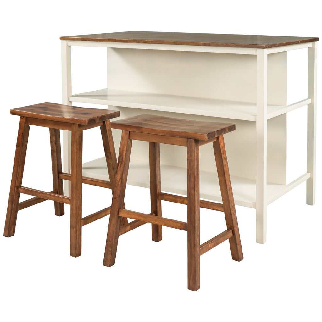 TOPMAX Rustic 3-piece Stationary Kitchen Island Set with Butcher Block and Seating, Walnut and Cream White - Grand Goldman Shop