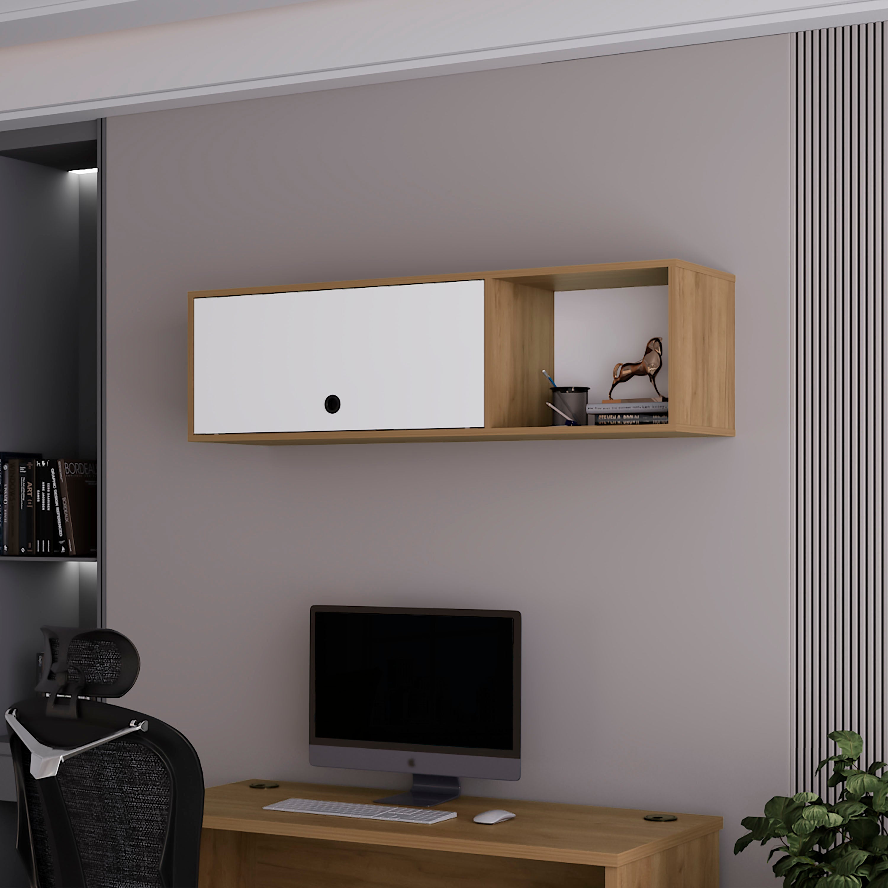 Roslyn Wall-Mounted Cabinet with Lift-Up Door, Open Compartments, Natural Oak and White | Premium Home Decor - Grand Goldman