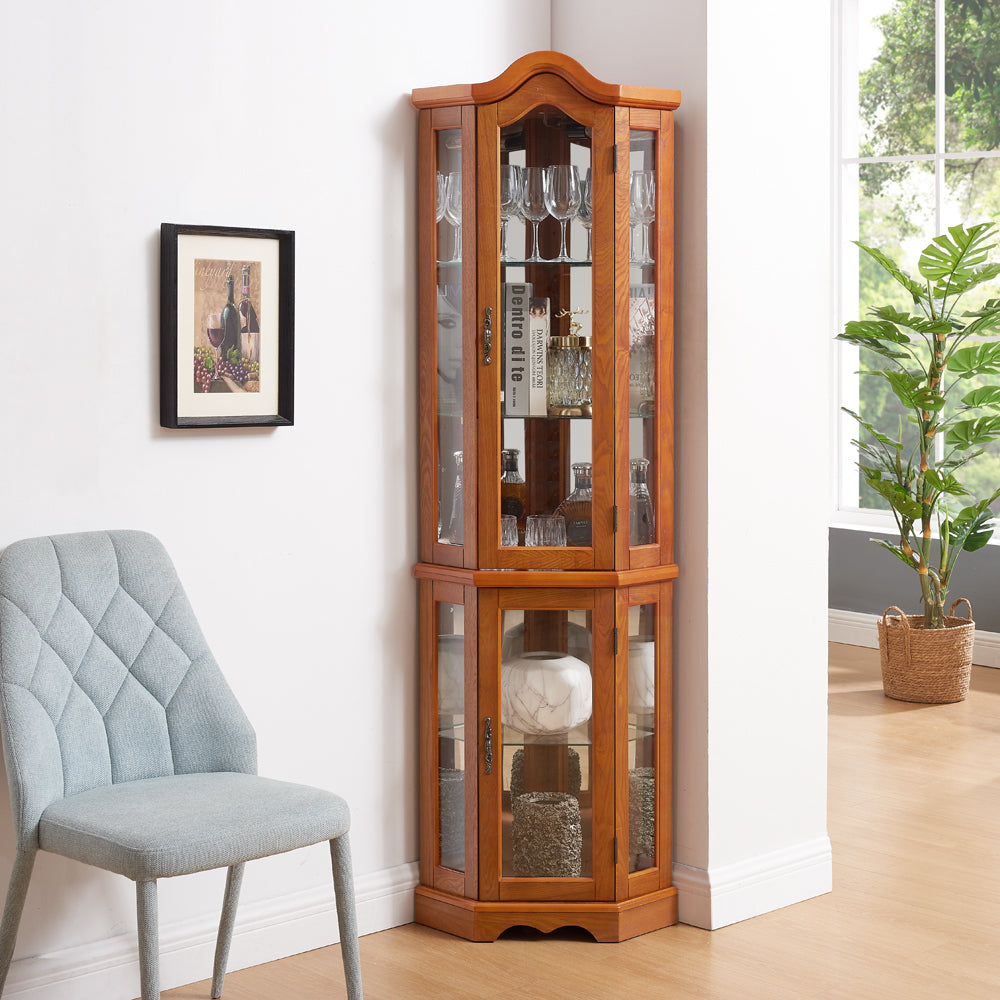 Curio Cabinet Lighted Glass Display Curio Cabinet w/Tempered Glass Doors and Shelves, Crown Corner Cabinet with Bulb, Corner Storage Decoration for Living room and Bedroom OAK - Grand Goldman Shop