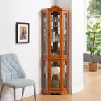 Curio Cabinet Lighted Glass Display Curio Cabinet w/Tempered Glass Doors and Shelves, Crown Corner Cabinet with Bulb, Corner Storage Decoration for Living room and Bedroom OAK - Grand Goldman Shop