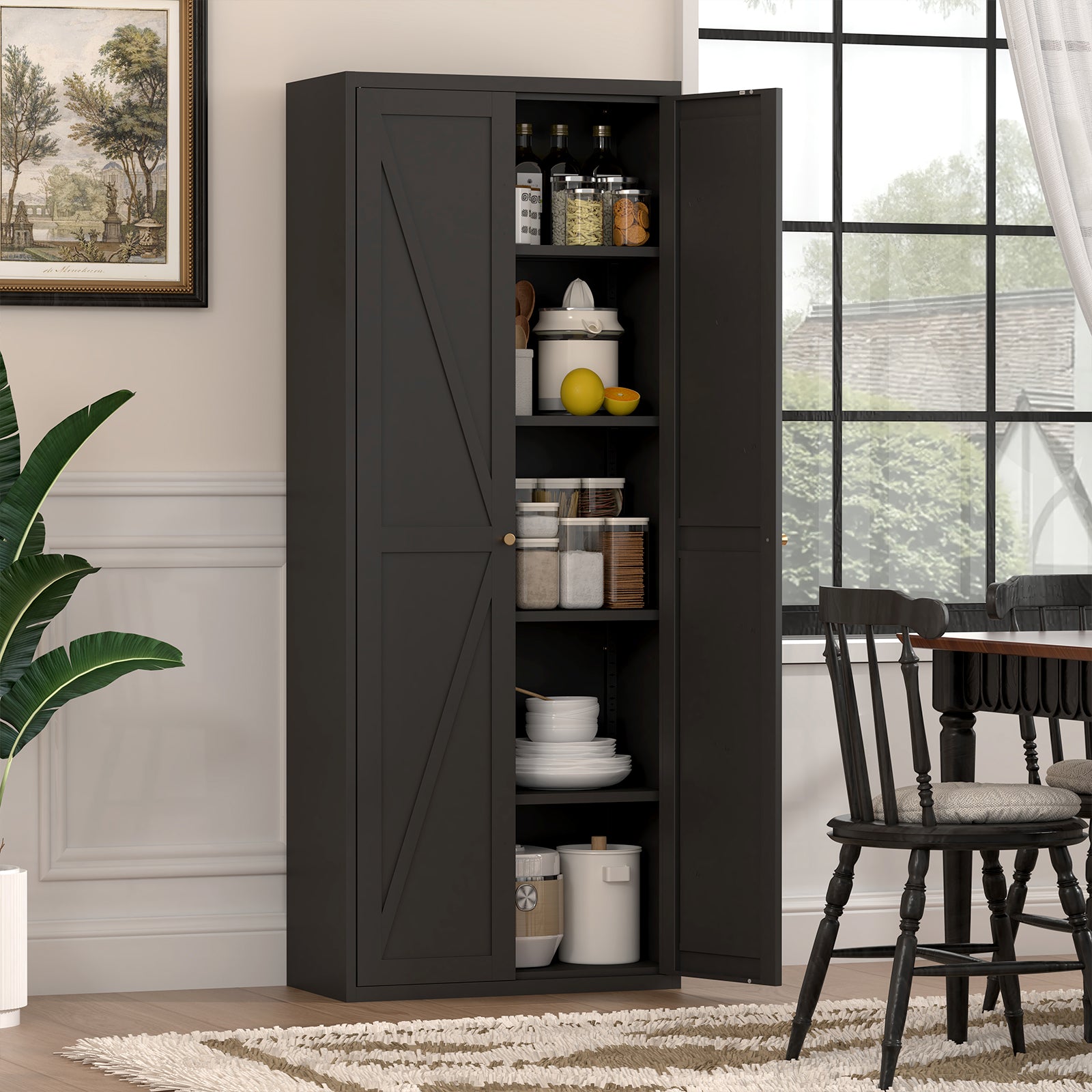 Black Metal Kitchen Pantry Cabinet with Adjustable Shelves and Gold Handles, Tall Steel Storage Locker for Kitchen, Living Ro