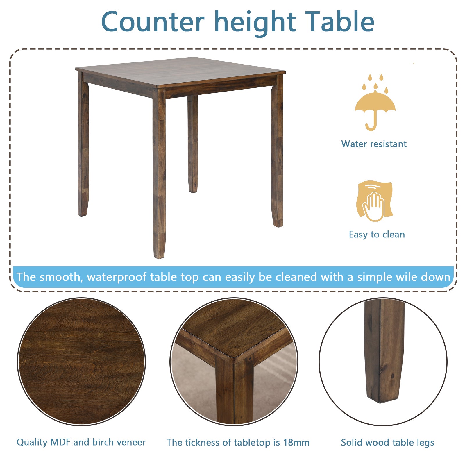 Wooden Dining Square Table, Kitchen Table for Small Space, 4 Person Counter Height Table, Walnut ONLY THE TABLE - Grand Goldman Shop