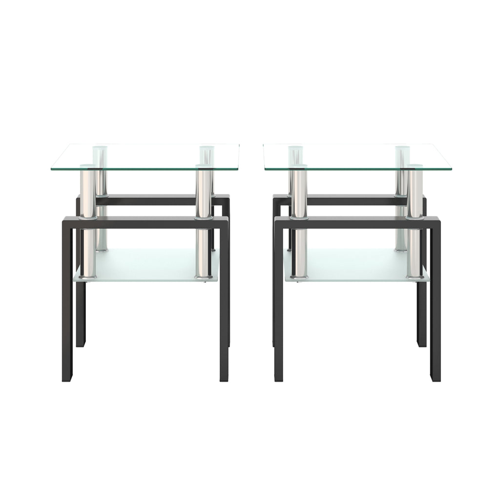 Modern Tempered Glass Tea Coffee End Table Set of 2, Transparent/Black, Metal Legs, Square Design - Grand Goldman Shop