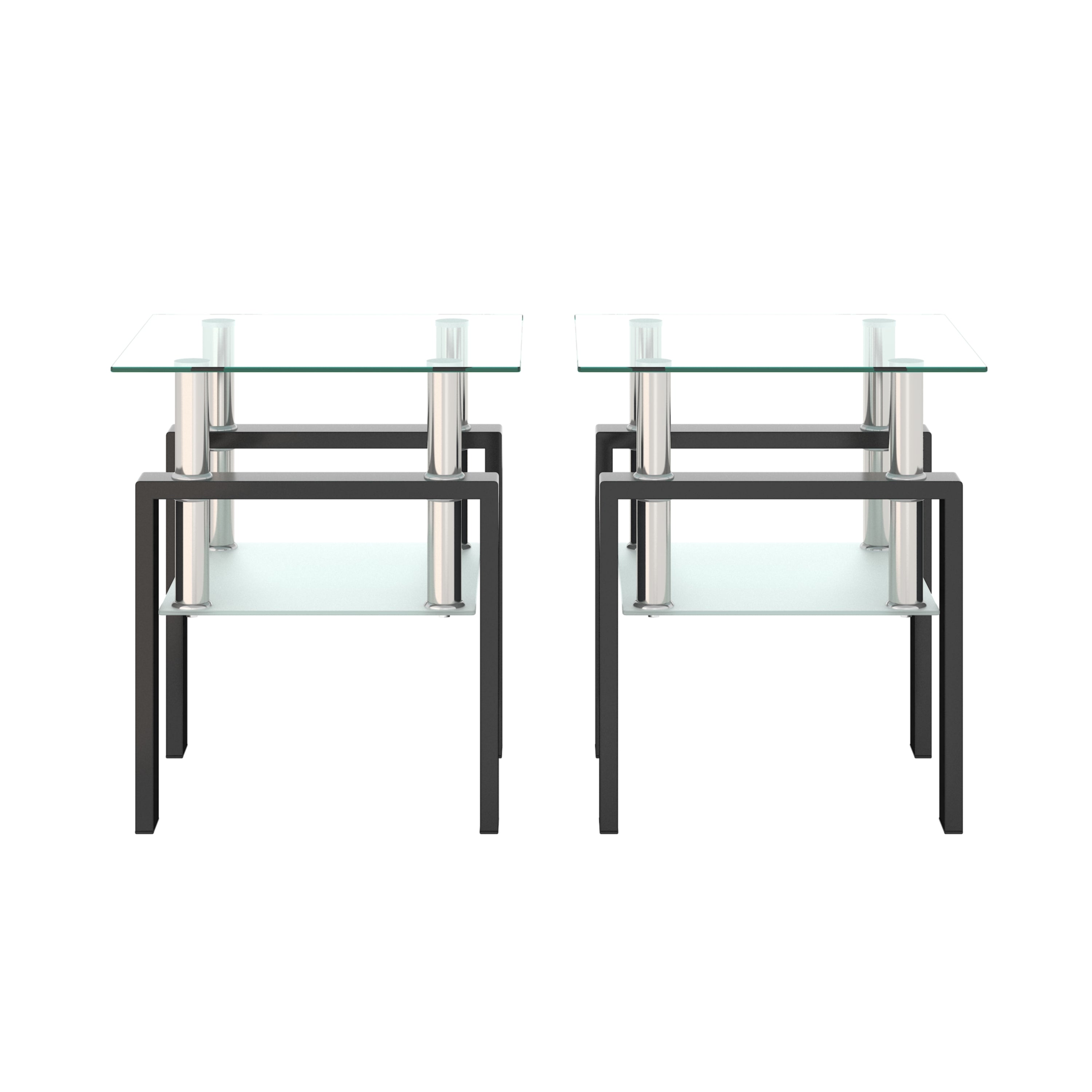 Modern Tempered Glass Tea Coffee End Table Set of 2, Transparent/Black, Metal Legs, Square Design - Grand Goldman Shop
