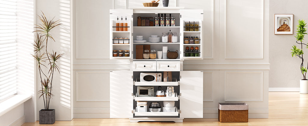 K&K 71' Tall Kitchen Pantry Cabinet with 3 Pull Out Cabinet Organizers, Farmhouse Embossed Texture Storage Cabinet with 6 Door Shelves, 2 Drawers, Freestanding Cupboard for Kitchen, Dining Room White - Grand Goldman Shop
