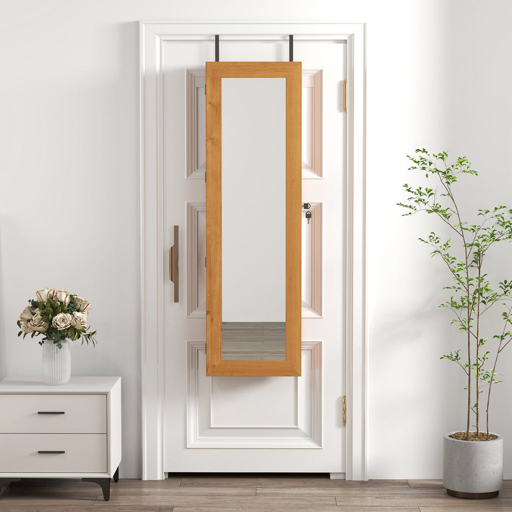 Solid Wood Jewelry Armoire Organizer Cabinet with Full-Length Mirror, Light Brown, 47.5x14.3 in Wall-Mounted Lockable with LED Light - Grand Goldman Shop