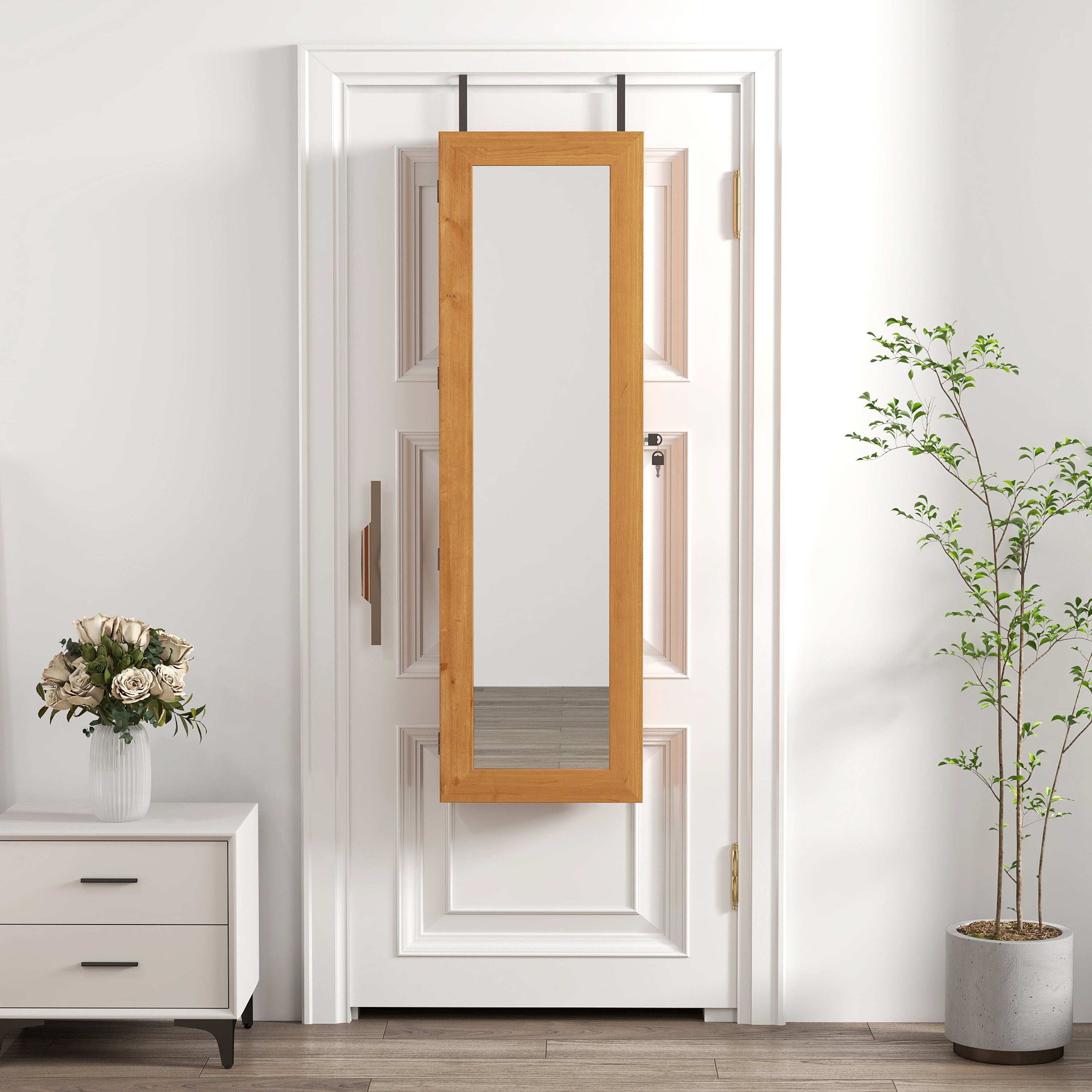 Solid Wood Jewelry Armoire Organizer Cabinet with Full-Length Mirror, Light Brown, 47.5x14.3 in Wall-Mounted Lockable with LED Light - Grand Goldman Shop