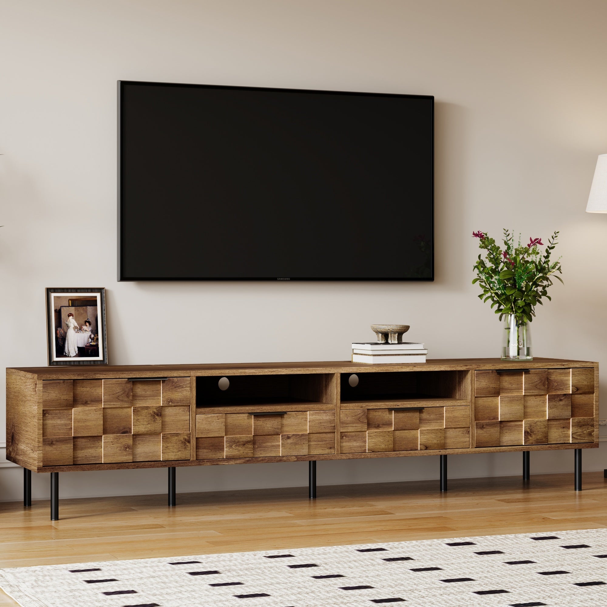 Mid Century TV Stand with 2 Drawers, Media Console Table for TVs up to 85'', Natural Finish Storage Cabinet with Cable Management, 78.7'' x 15.7'' x 17.7'' - Grand Goldman Shop