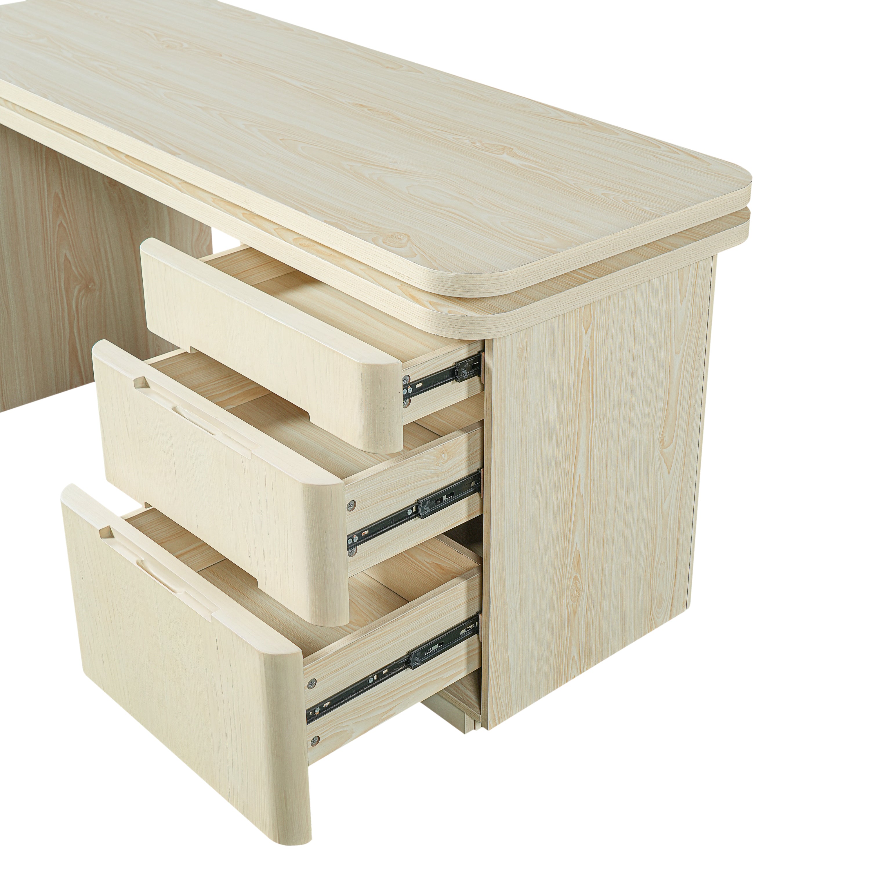 90' Modern L Shaped Desk in Natural Wood with 3 Drawers,360° Wood Rotating Desk,Executive Office Desk,Corner Desk,Office Stud