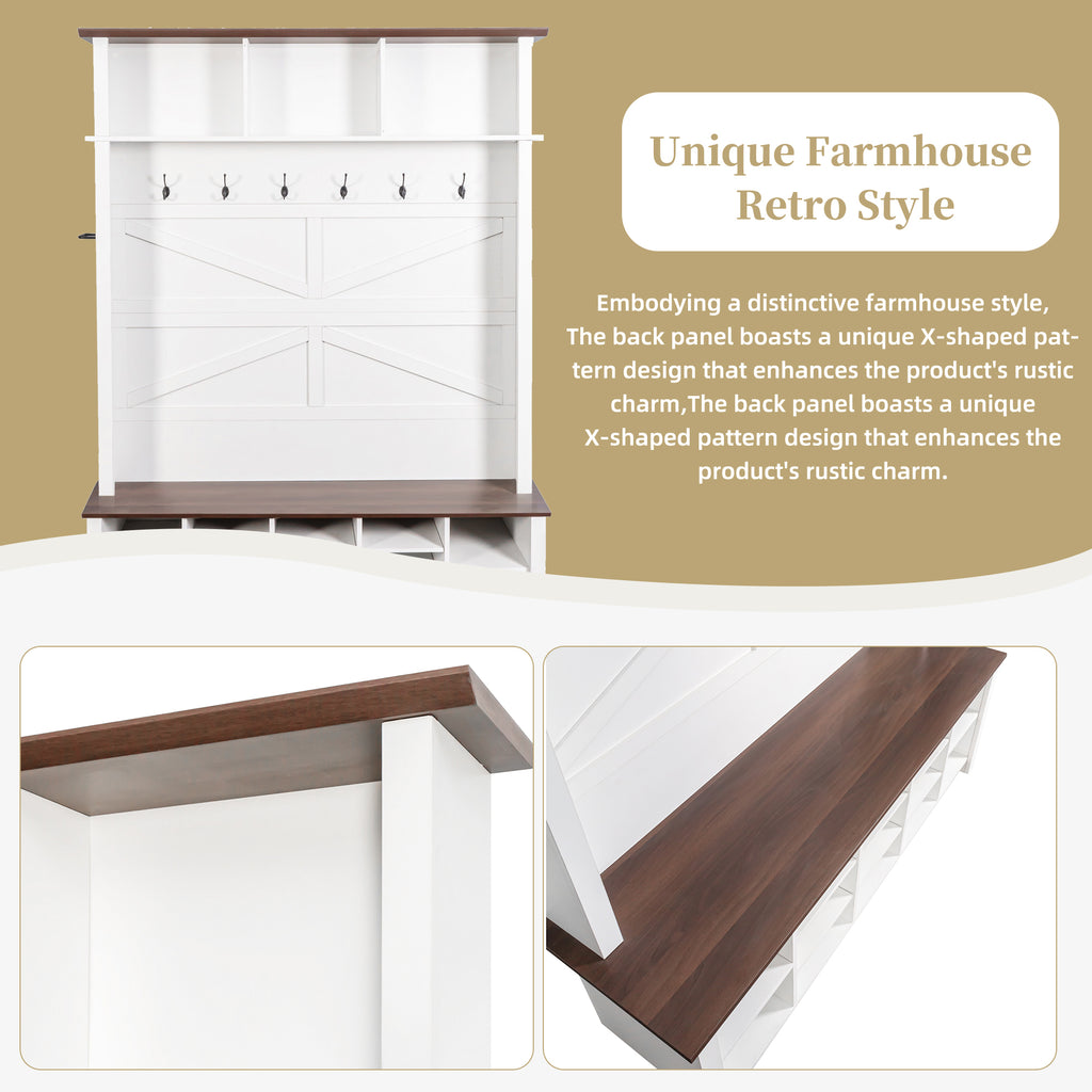 Farmhouse 4-in-1 Hall Tree with 6 Hooks, Walnut Entryway Bench with Shelves,  Wooden Style Rustic Shoe Organizer with 16 Open Compartments for Mudroom, Living Room, White (OLD SKU: N721P264915K) - Grand Goldman Shop