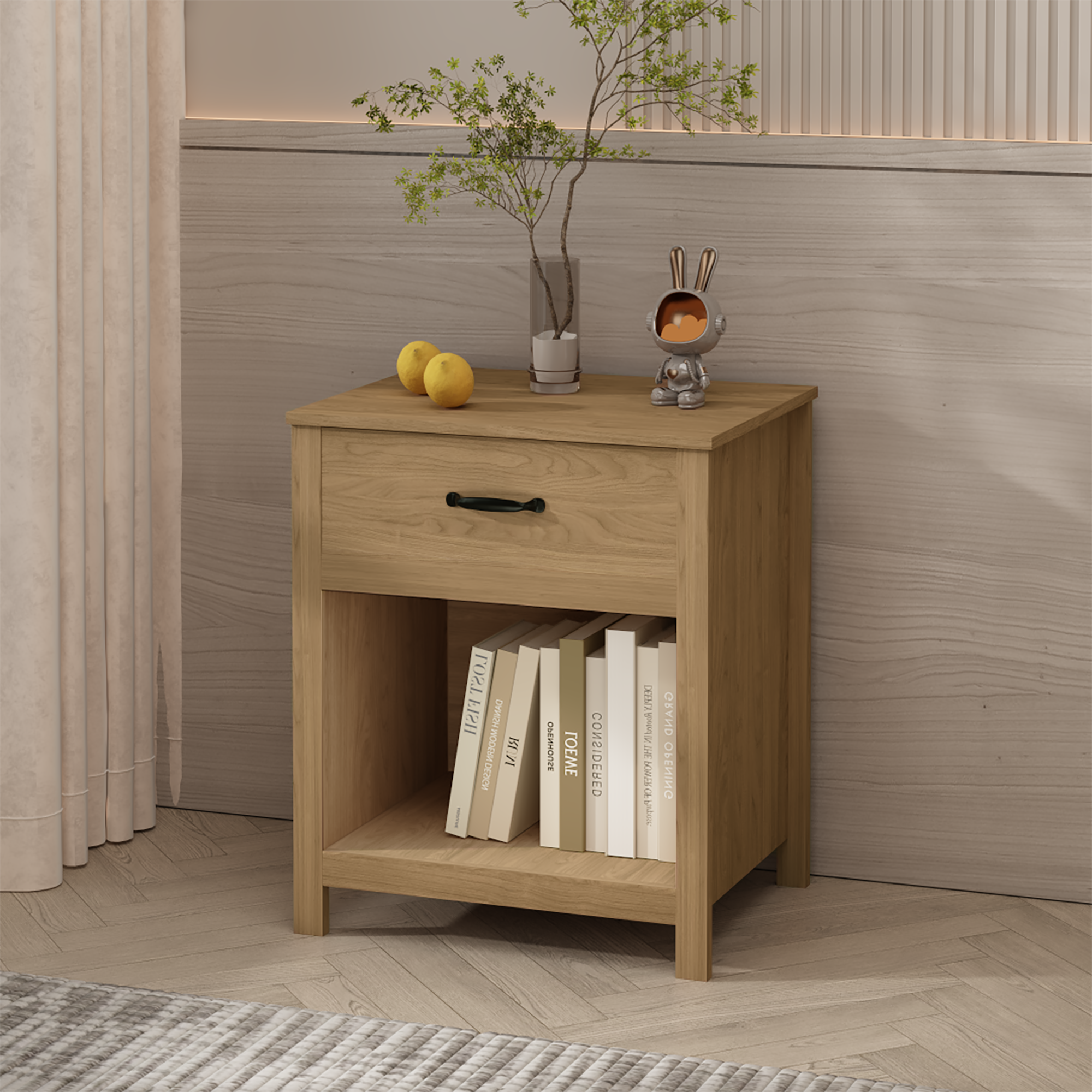 Wood Nightstand with Drawer and Open Shelf, Modern Bedside Table with Storage, Wooden End Table for Bedroom, Living Room or Apartment, Natural Finish, Brown - Grand Goldman Shop