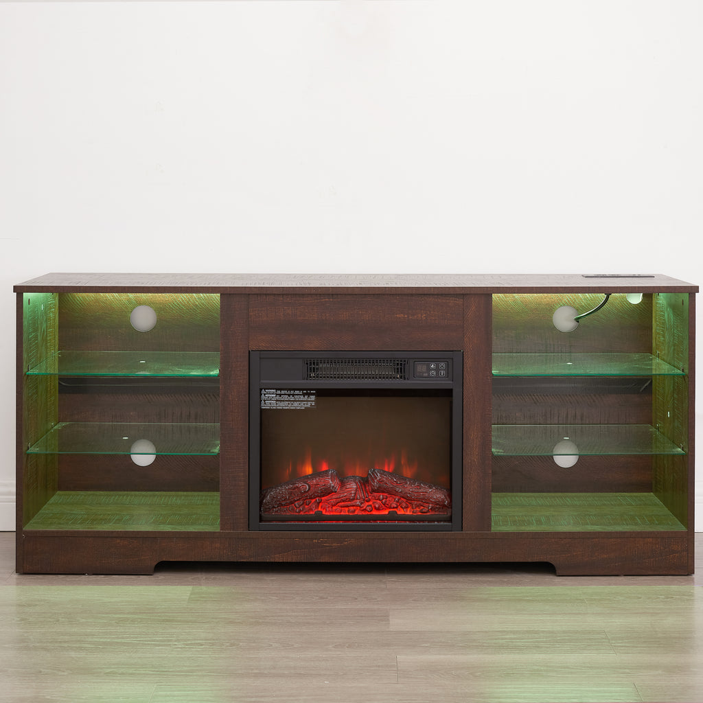 TV Stand Electric Fireplace TV Stand with Glass Shelves, 3D Fireplace TV Stand with LED Lights Wood with USB Charging Outlet Modern Television Table Center for TV up to 32-62' ESP 58''W*15.4''D*24.6 - Grand Goldman Shop