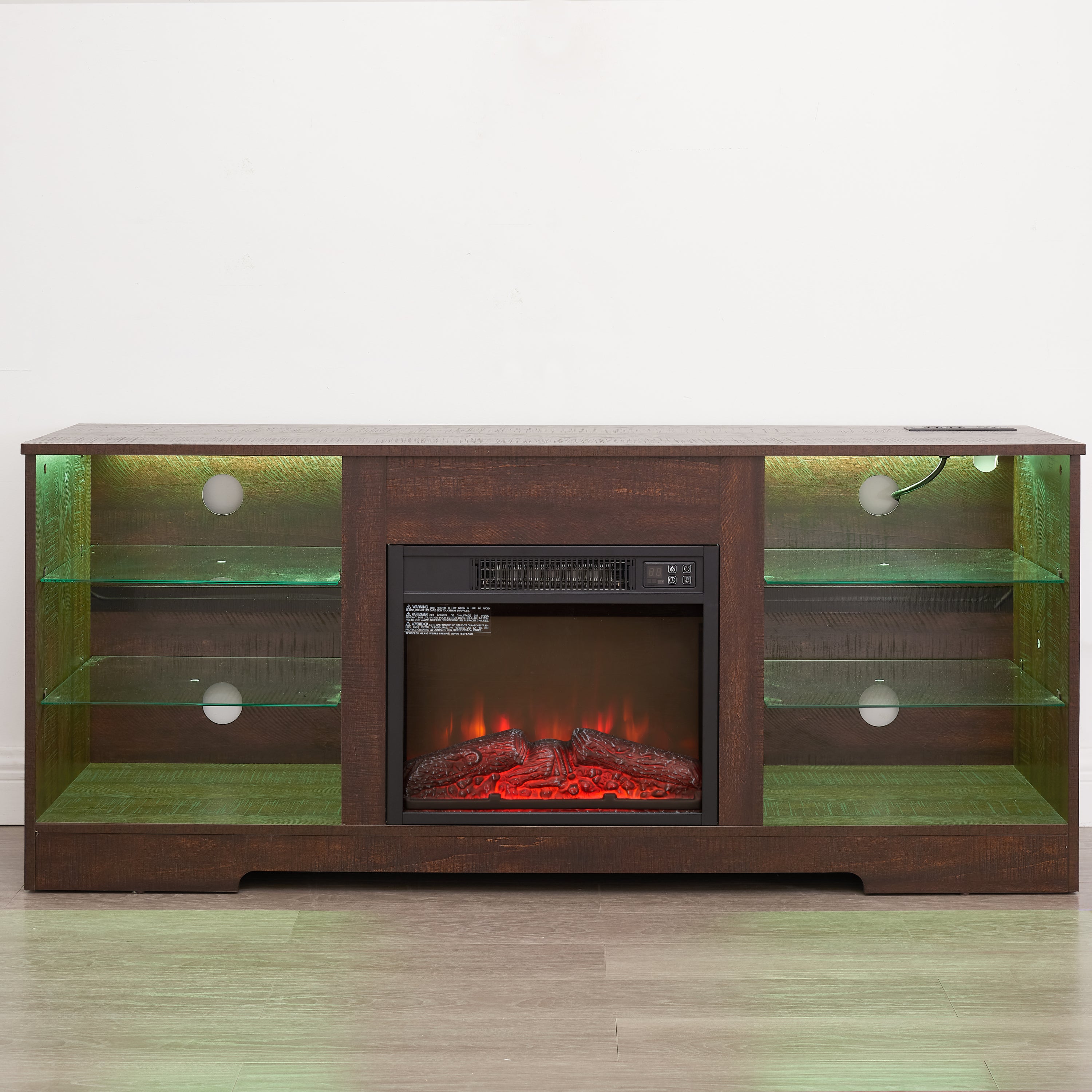TV Stand Electric Fireplace TV Stand with Glass Shelves, 3D Fireplace TV Stand with LED Lights Wood with USB Charging Outlet Modern Television Table Center for TV up to 32-62' ESP 58''W*15.4''D*24.6 - Grand Goldman Shop