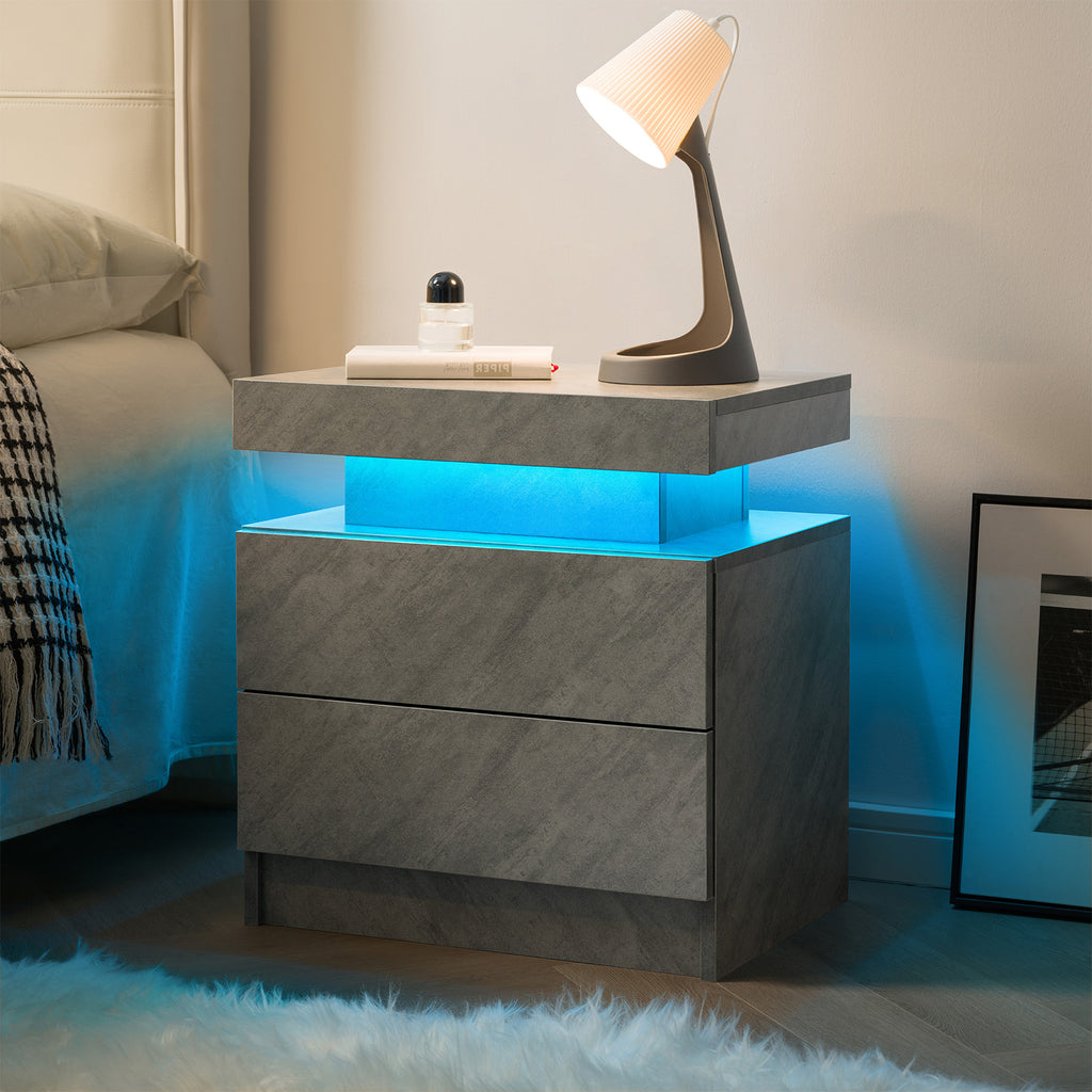 Nightstand LED Bedside Table Cabinet Lights Modern End Side with 2 Drawers for Bedroom (Deep Gray) - Grand Goldman Shop
