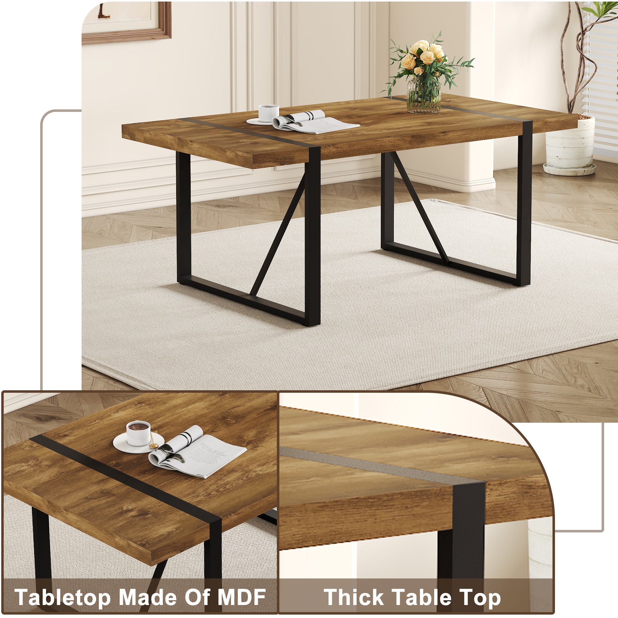 Rustic Industrial Rectangular Wood Dining Table For 4-6 Person, Thick Engineered Wood color Tabletop and Black Metal Legs,Desk For Kitchen Dining Living Room - Grand Goldman Shop