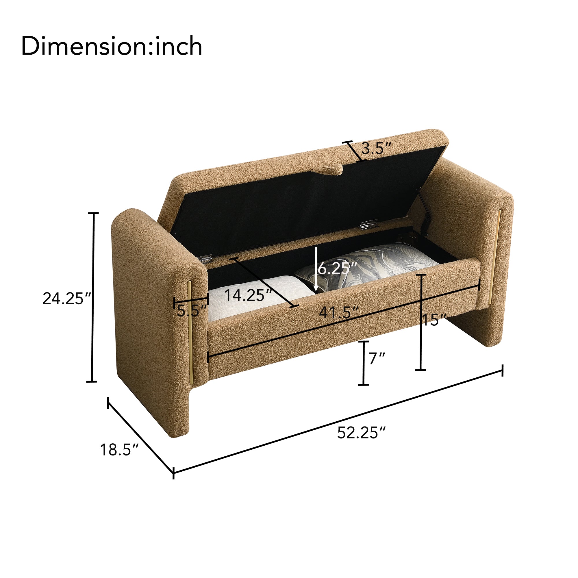 Modern Teddy Bed End Bench with Arms and Storage, Upholstered Foot Rest Stool, Coffee Color, Plywood, 52.3' Length - Grand Goldman Shop