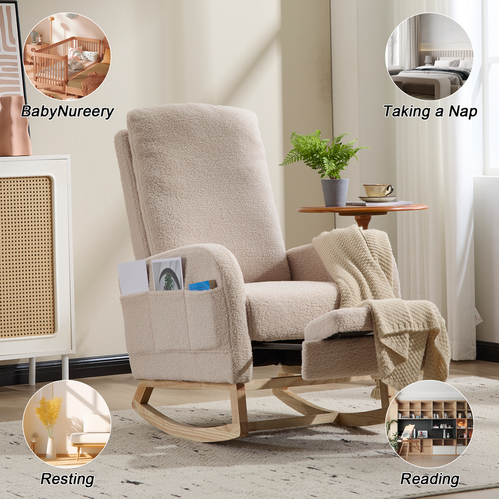 Modern Accent Rocking Chair Rocking Chair with Solid Wood Legs, Upholstered Nursery Glider Rocker Side Pocket and Footrest, Living Room Lounge Arm Chair with High Backrest (beige,teddy) - Grand Goldman Shop