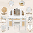 44.37 ' Makeup Vanity Desk with 13 Hollywood Bulbs and 3 Lighting Modes, Dressing Table with Tri-Fold Mirror   Large Vanity Table with 5 Drawers and Shelves and  Charging Station for Bedroom, White - Grand Goldman Shop
