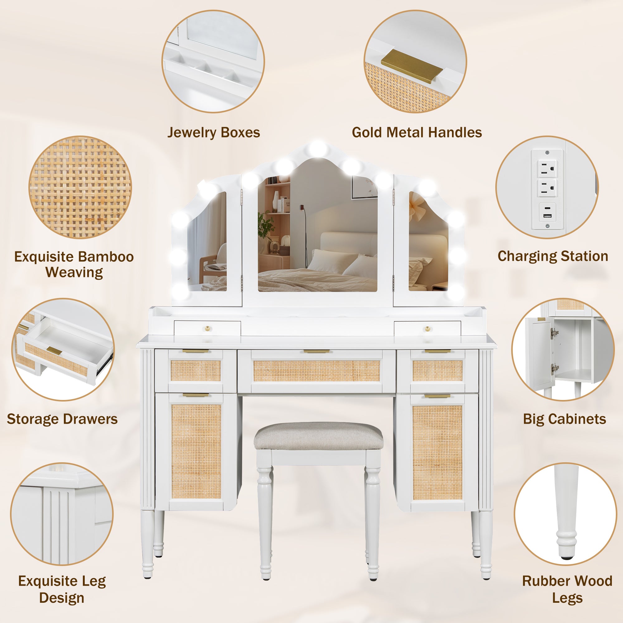 44.37 ' Makeup Vanity Desk with 13 Hollywood Bulbs and 3 Lighting Modes, Dressing Table with Tri-Fold Mirror   Large Vanity Table with 5 Drawers and Shelves and  Charging Station for Bedroom, White - Grand Goldman Shop