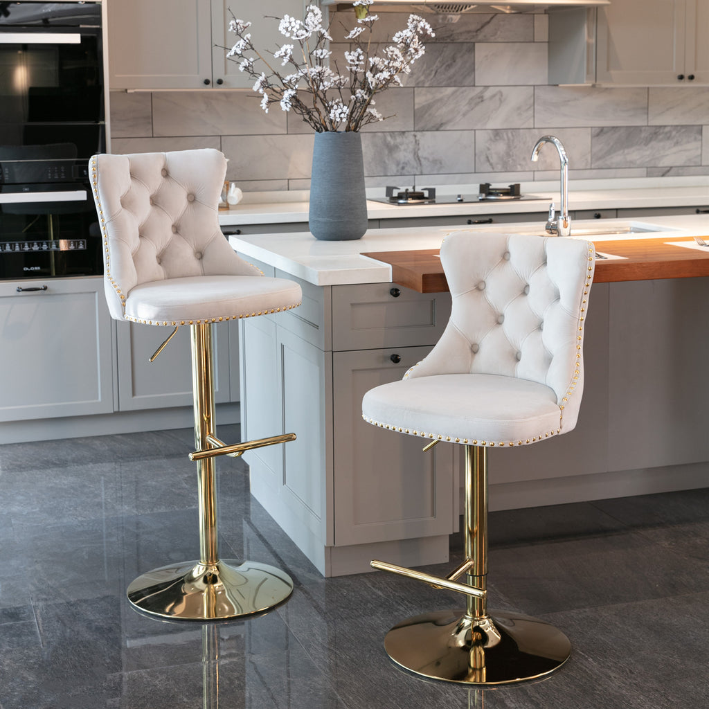A&A Furniture,Golden Swivel Velvet Barstools Adjusatble Seat Height from 25-33 Inch,Modern Upholstered Bar Stools with Backs Comfortable Tufted for Home Pub and Kitchen Island,Beige,Set of 2 - Grand Goldman Shop