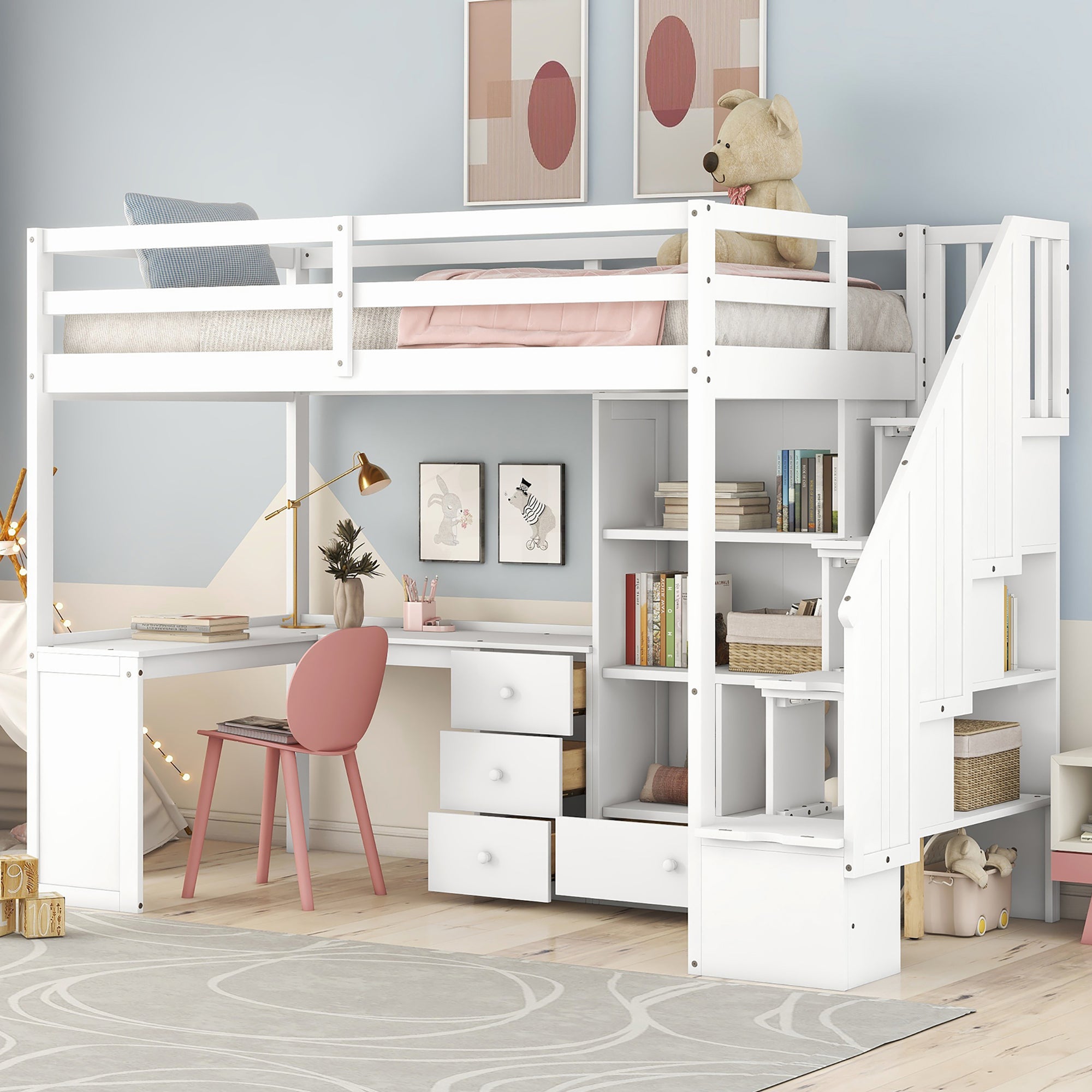 White Twin Size Loft Bed with L-Shaped Desk, Drawers, Cabinet, and Storage Staircase - Pine Wood & MDF - Grand Goldman Shop