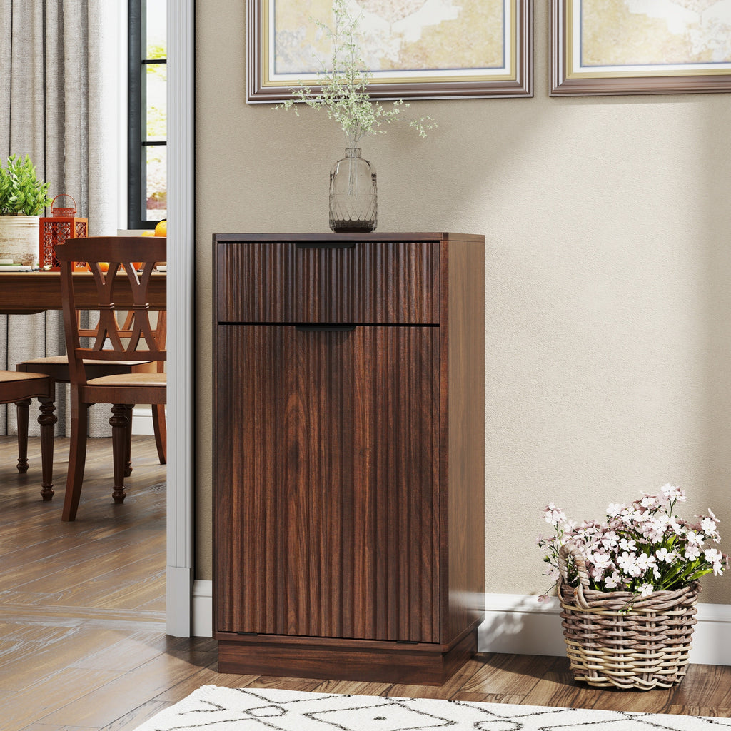 Woodgrain Tilt-Out Trash Can Cabinet with Wave-Textured Drawer & Pull-Out Bin in Walnut Finish - Grand Goldman Shop