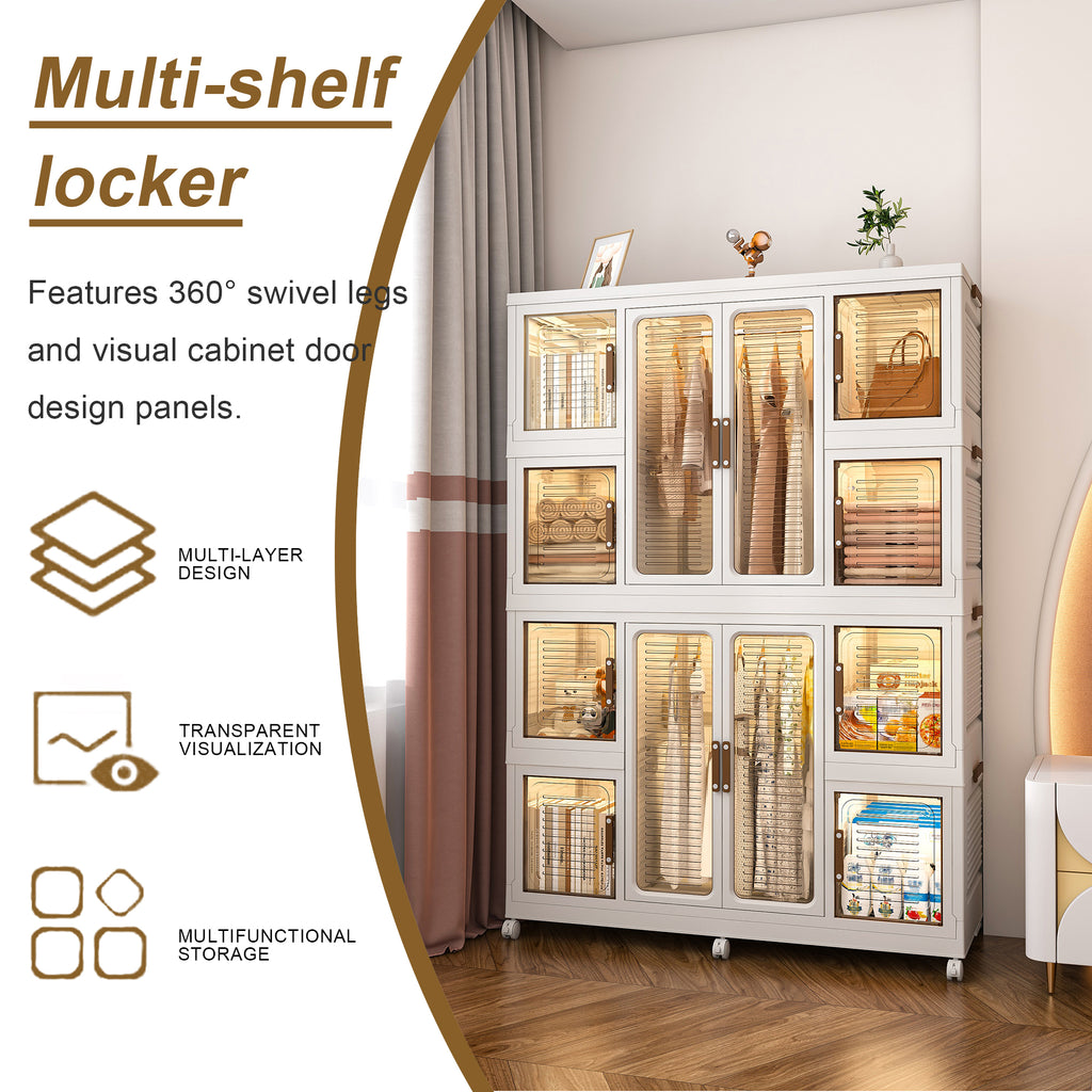 Portable Wardrobe Closet Storage Organizer for Clothes with Magnetic Doors, 12 Cubes & 2 Hanging Rods, White - Grand Goldman Shop
