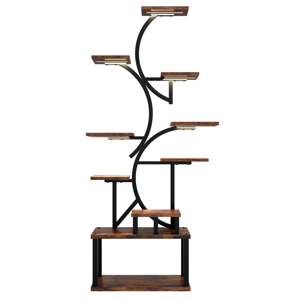 S-Shaped 10-Tier Plant Stand with 5 Grow Lights in Deep Rustic Brown, MDF and Steel, 68.5' Tall for Indoor Plants - Grand Goldman Shop