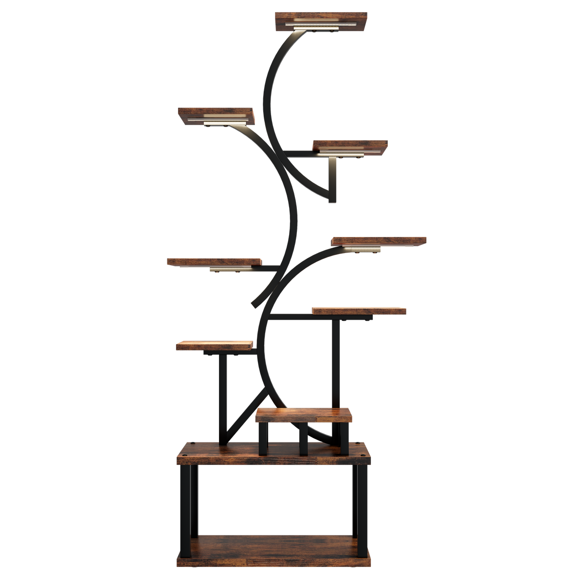 S-Shaped 10-Tier Plant Stand with 5 Grow Lights in Deep Rustic Brown, MDF and Steel, 68.5' Tall for Indoor Plants - Grand Goldman Shop