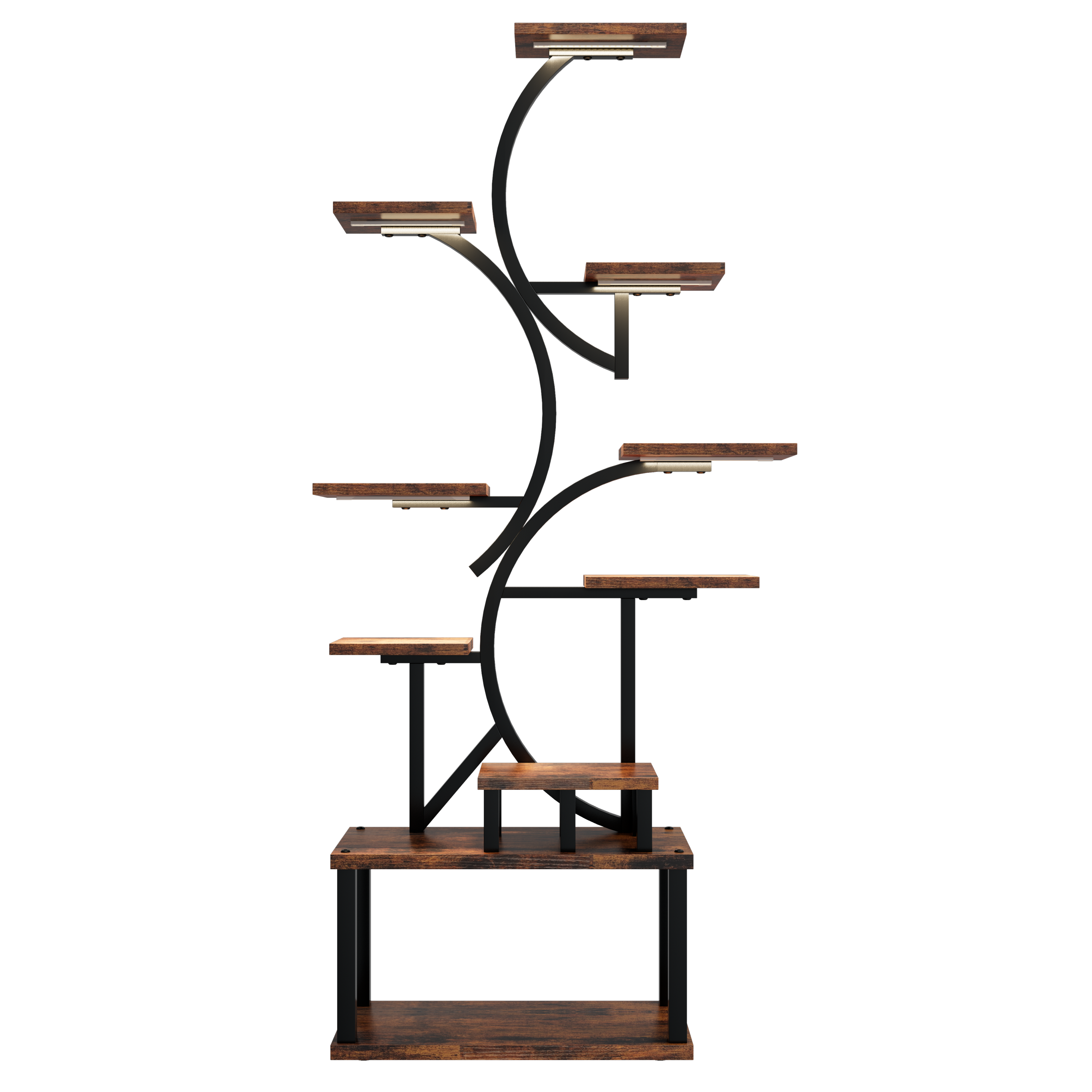 S-Shaped 10-Tier Plant Stand with 5 Grow Lights in Deep Rustic Brown, MDF and Steel, 68.5' Tall for Indoor Plants - Grand Goldman Shop