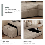 Modern L-Shape 3 Seat Reversible Sectional Couch with Pull Out Sleeper, Storage Chaise & 2 Stools, Cream, Linen Chenille - Grand Goldman Shop