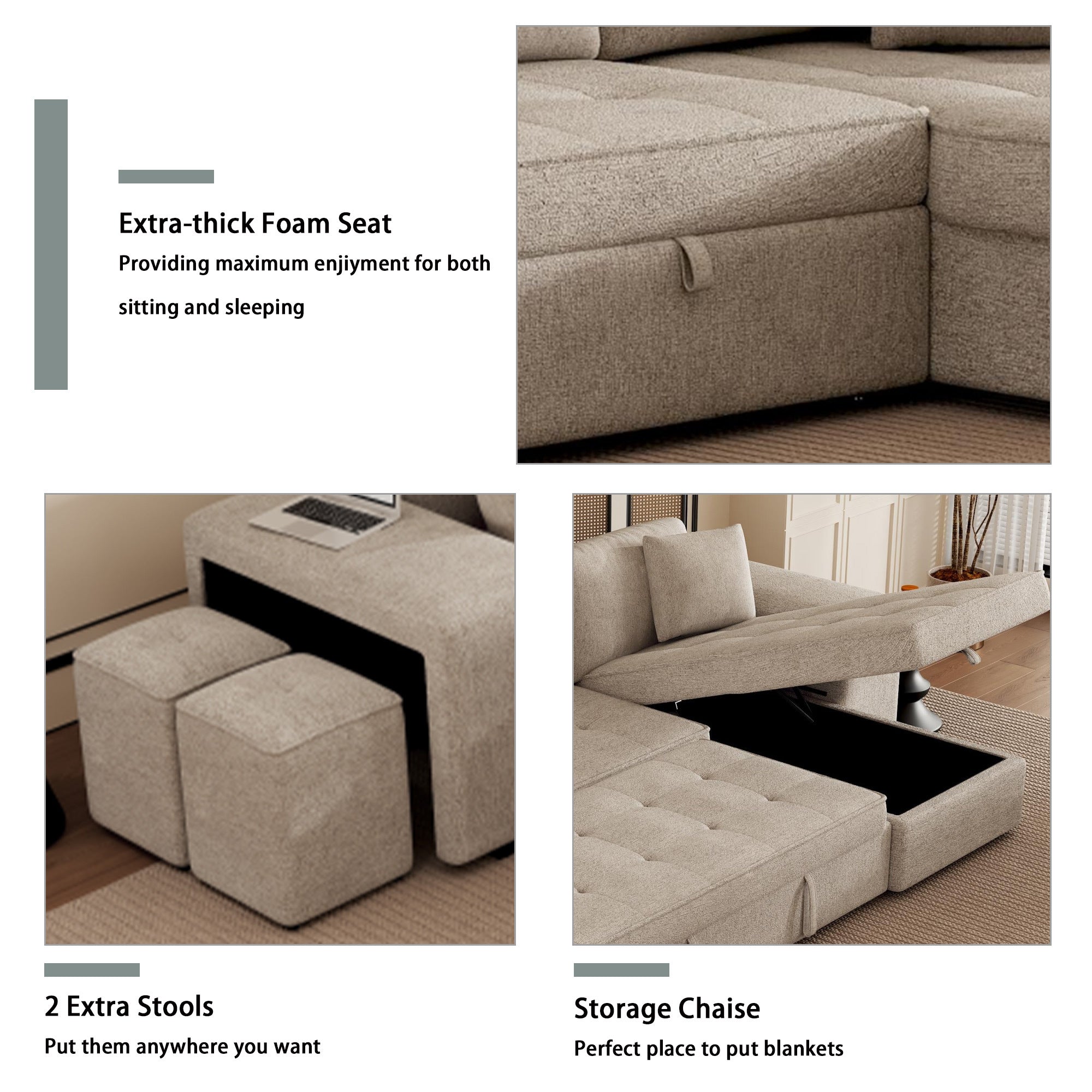 Modern L-Shape 3 Seat Reversible Sectional Couch with Pull Out Sleeper, Storage Chaise & 2 Stools, Cream, Linen Chenille - Grand Goldman Shop