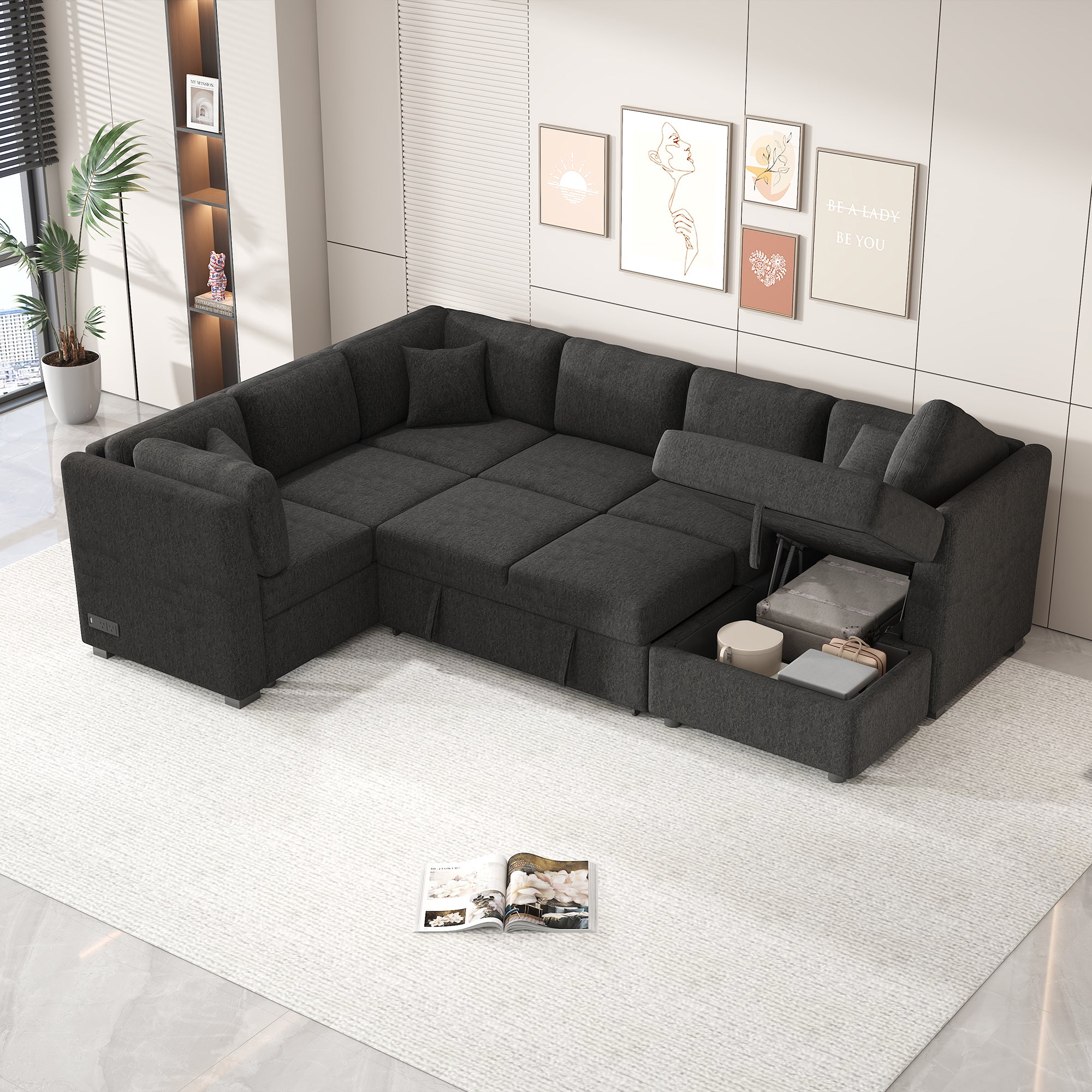 U-shaped Sectional Sofa Pull Out Bed with USB Ports, Power Sockets, Back Pillows & Storage Chaise, Black Chenille, 108.6' - Grand Goldman Shop