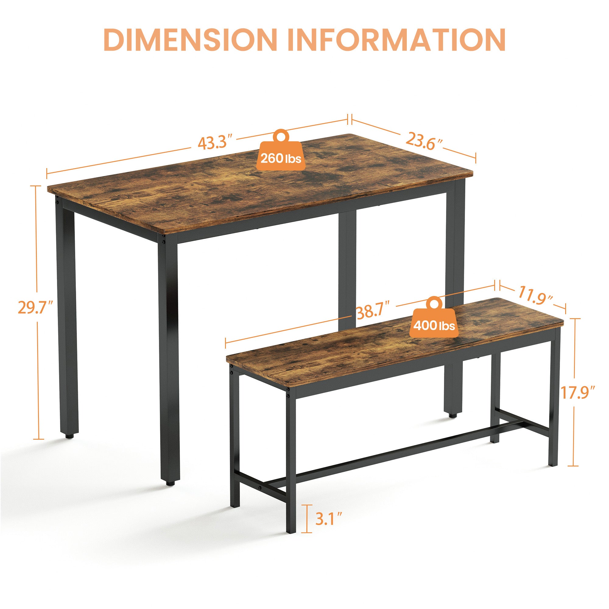 Dining Table Set, Bar Table with 2 Dining Benches, Kitchen Table Counter with Chairs, Industrial for Kitchen Breakfast Table, Living Room, Party Room, Rustic Brown and Black,43.3″L x23.6″W x 29.9″H - Grand Goldman Shop