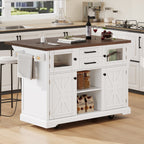 K&K 54.9' Kitchen Island with Drop Leaf, Power Outlet, Kitchen Storage Cart with 4 Door Shelves, Cross Barn Doors & Visual Glass Door, Rolling Kitchen Island on 4 Wheels for Kitchen, Dining Room,White - Grand Goldman Shop
